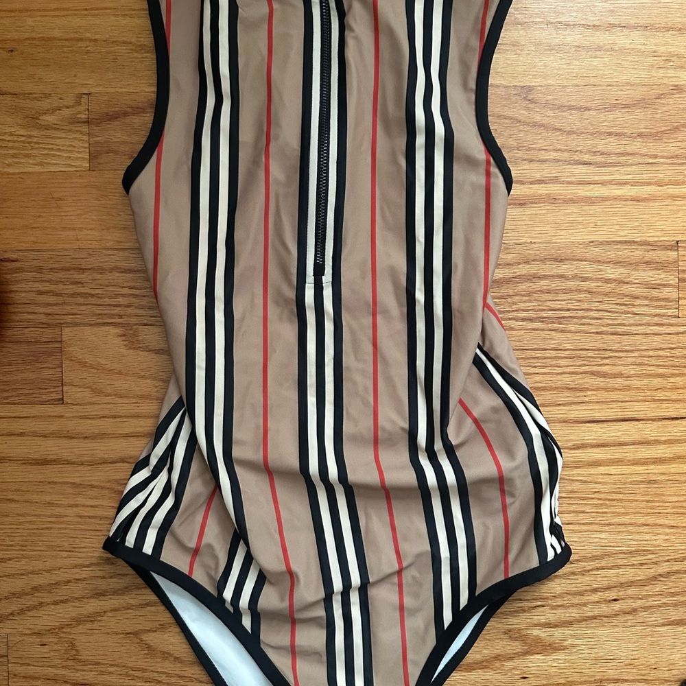 Burberry Tan and Black Striped Girls Swimsuit